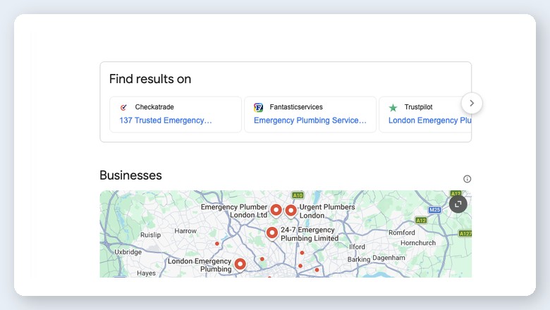 Google local search results in Europe showing the DMA compliance find results carousel and local pack