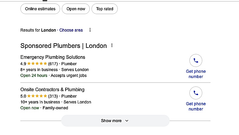 Google Local Service Ads showing Google Guaranteed badges at the top of search results