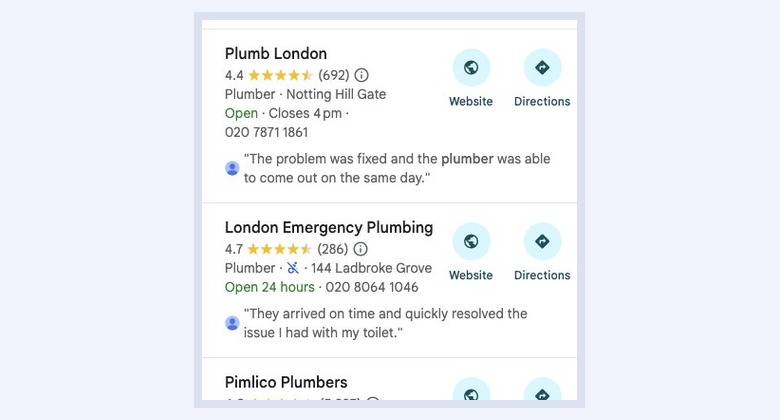 Google Maps local pack listings showing review justifications