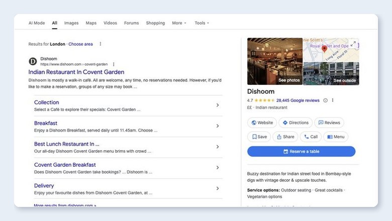 Google Business Profile panel showing business information, reviews, and photos in Google Search